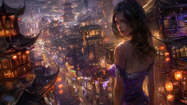 a woman stands in front of a building with a purple flower on her hair