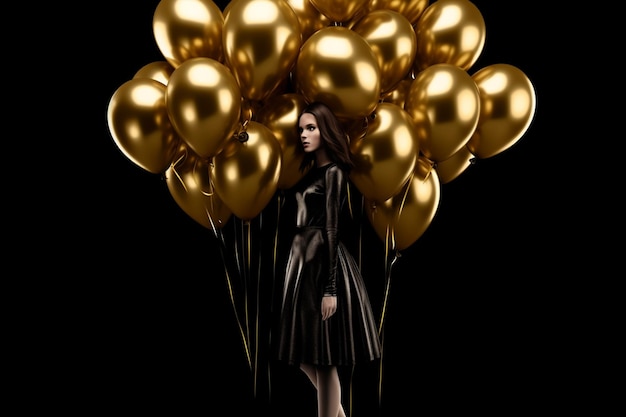 A woman stands in front of a bunch of gold balloons.