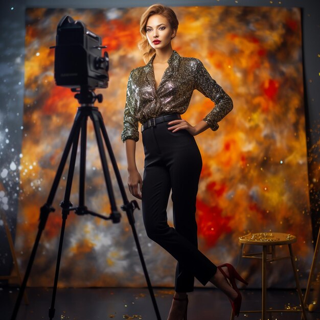 Photo a woman stands in front of a camera and poses in front of a backdrop of a fire