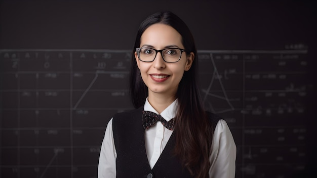 A woman stands in front of a chalkboard that says'the future of business '