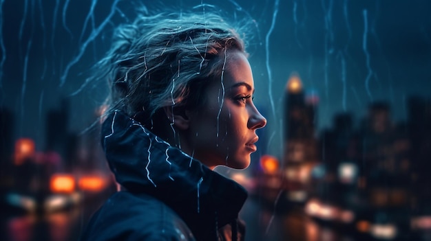A woman stands in front of a cityscape with lightning bolts on her face.