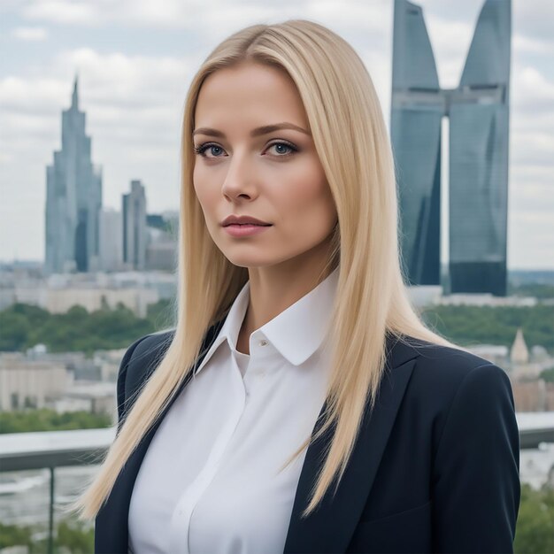 Photo a woman stands in front of a cityscape