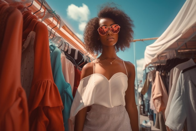 A woman stands in front of a clothing rack with a heart shaped sunglasses.