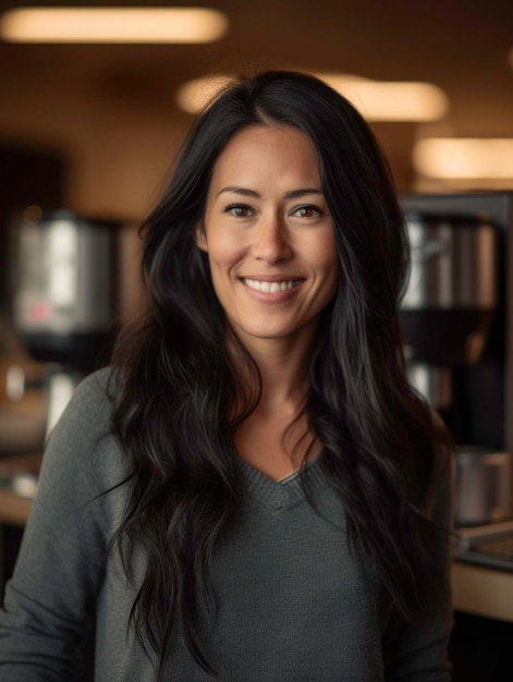 A woman stands in front of a coffee machine in the corner of the lobby