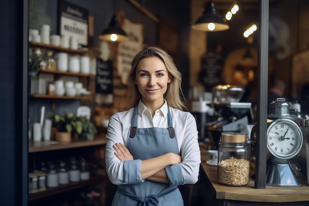 A woman stands in front of a coffee shop with a sign that says'coffee '