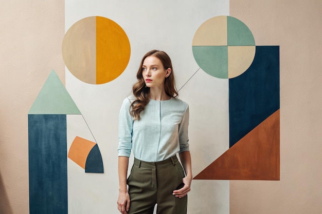 A woman stands in front of a colorful painting with a design in the middle