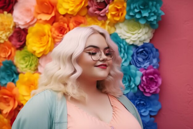 A woman stands in front of a colorful wall with flowers on it.