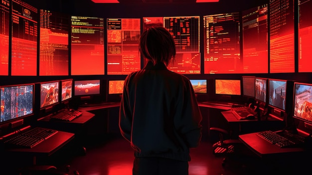 A woman stands in front of computer screens in a