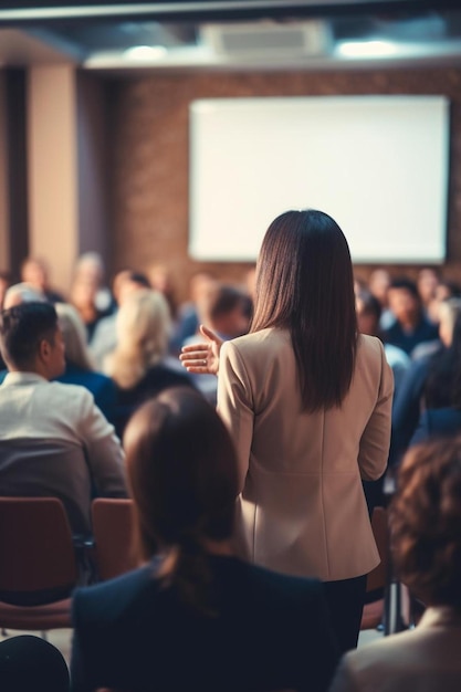 Una donna si trova di fronte a una folla di persone in una sala conferenze