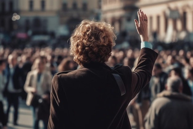 A woman stands in front of a crowd of people, the word's on the front of her shirt.