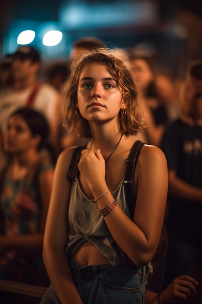 A woman stands in front of a crowd of people.