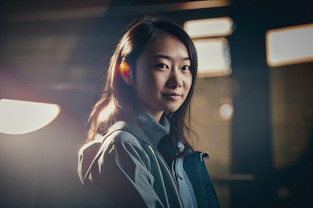 A woman stands in front of a dark background, wearing a grey jacket and a blue shirt.