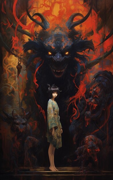 A woman stands in front of a demon