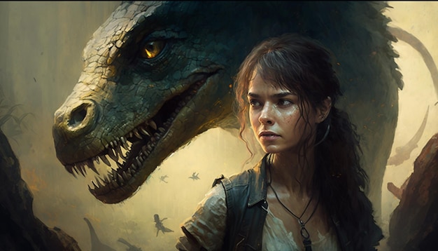 A woman stands in front of a dinosaur with the title jurassic world on the bottom.