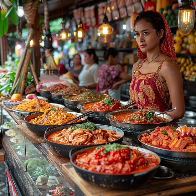 Photo a woman stands in front of a display of food