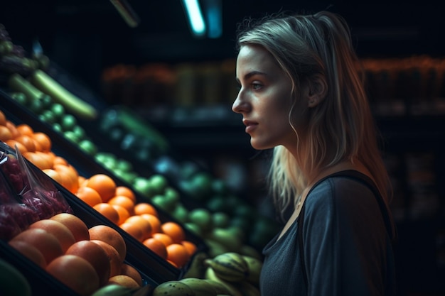 Женщина стоит перед витриной с фруктами и овощами.