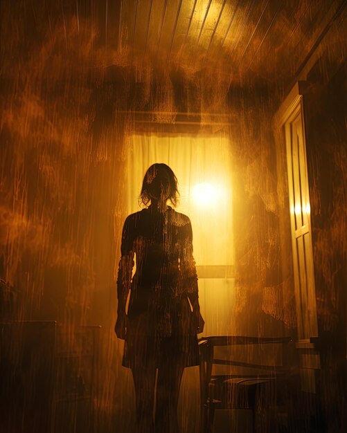 Photo a woman stands in front of a door in the dark