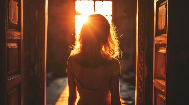 Woman stands in front of door with sunlight shining through it