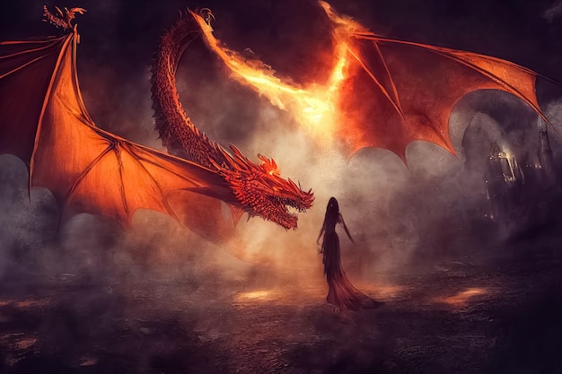 A woman stands in front of a dragon with a red dragon on the left side.