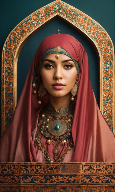 Photo a woman stands in front of a fence with a red scarf on her head