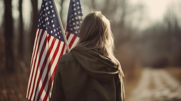 A woman stands in front of a flag that says'american flag '