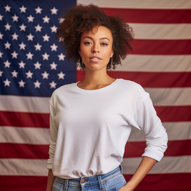 A woman stands in front of a flag that says'american girl '