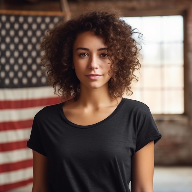 Женщина стоит перед флагом, на котором написано «американец».