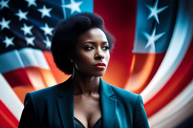 A woman stands in front of a flag that says'black woman '