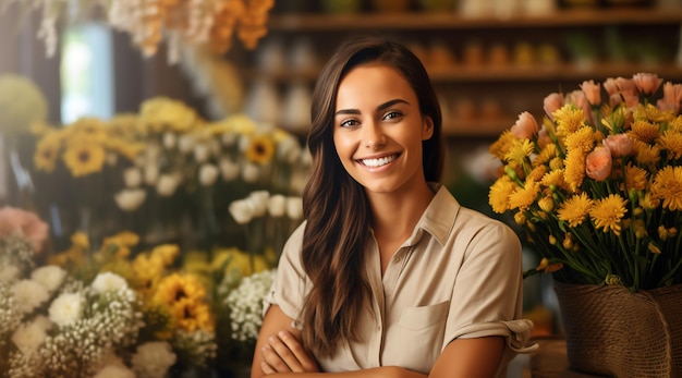 A woman stands in front of a flower shop