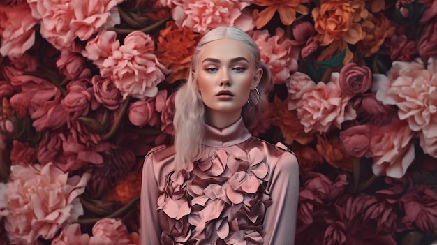 A woman stands in front of a flower wall