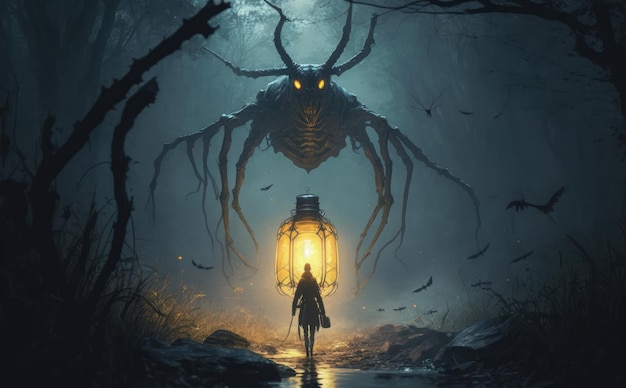 A woman stands in front of a giant spider in a forest