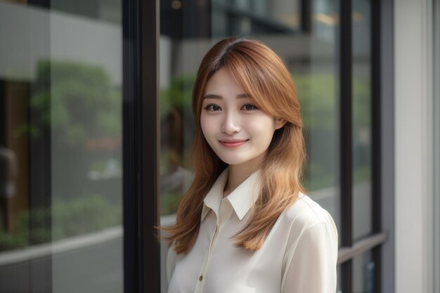 A woman stands in front of a glass wall, smiling.