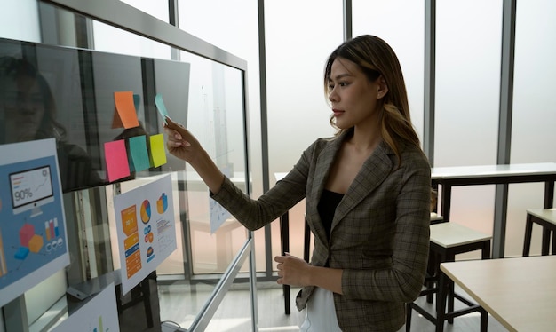 A woman stands in front of a glass wall with post it notes on it.