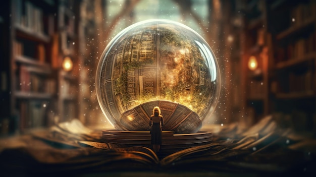 A woman stands in front of a globe with a book on it.