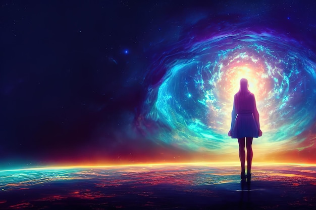 A woman stands in front of a glowing ball of light and the universe is visible.