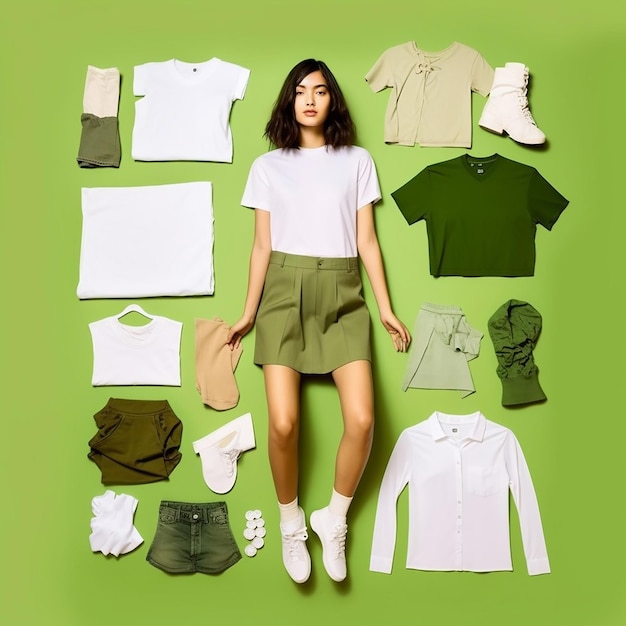 Photo a woman stands in front of a green background with a white shirt that says 