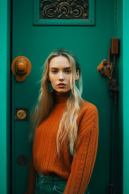 A woman stands in front of a green door.