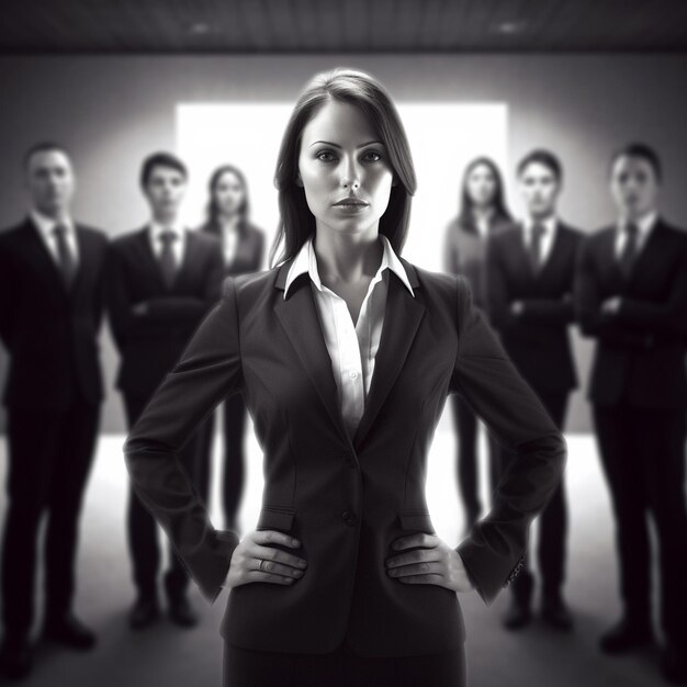 A woman stands in front of a group of people in a room with a woman wearing a suit and tie.