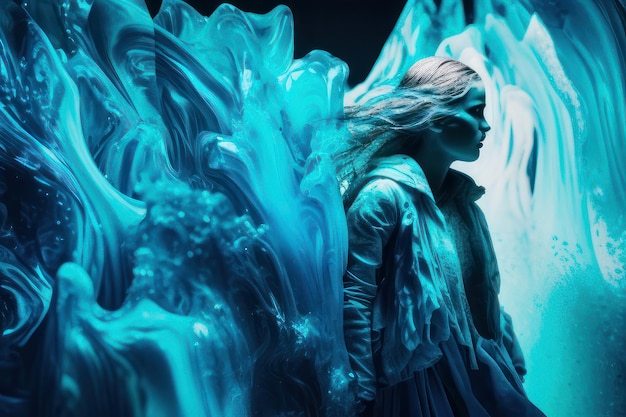 A woman stands in front of an iceberg with the word ice on it.