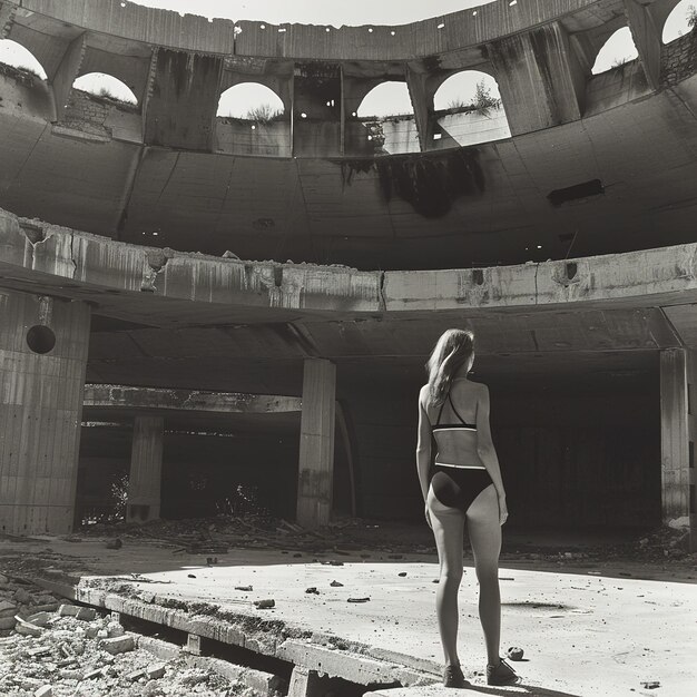 Foto una donna si trova di fronte a un grande edificio con un cartello che dice no