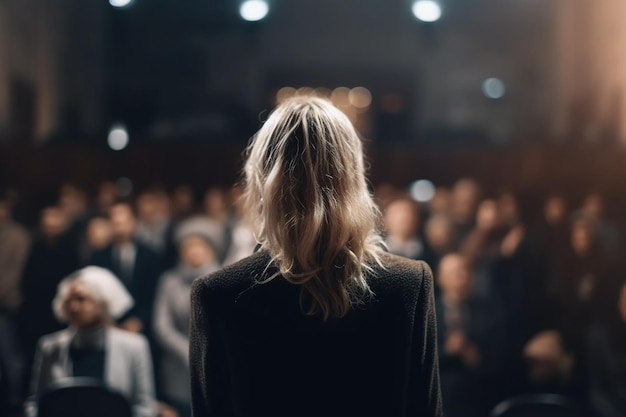 A woman stands in front of a large crowd, the word women on the front of her.