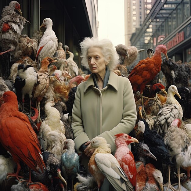 Photo a woman stands in front of a large flock of birds