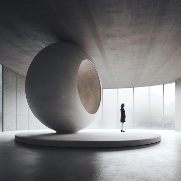 Foto una donna si trova di fronte a una grande scultura in un edificio