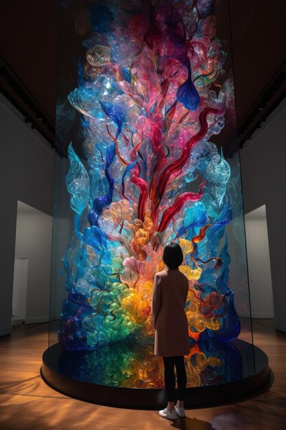 A woman stands in front of a large sculpture of jellyfish.