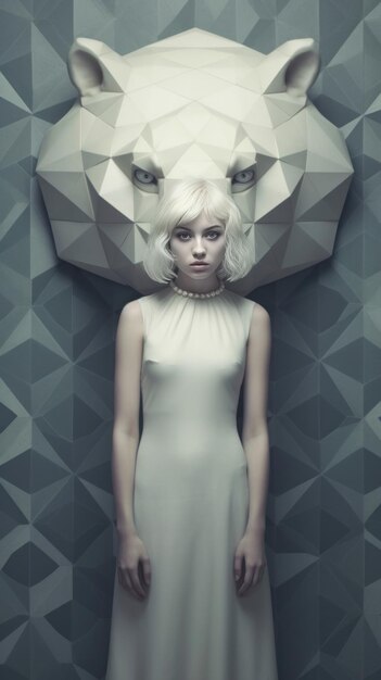 A woman stands in front of a lion's head