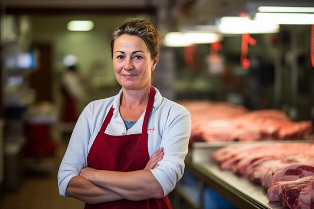 Photo a woman stands in front of a meat store with her arms crossed