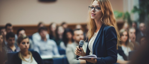 Photo a woman stands in front of a microphone with a lecture in the background