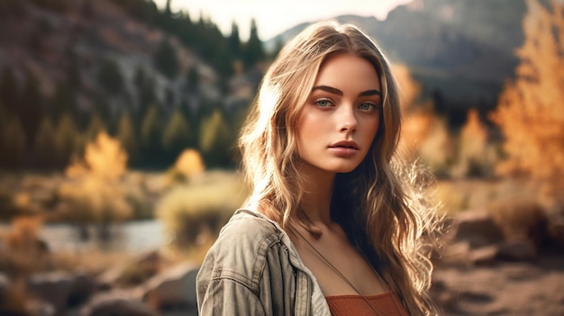 A woman stands in front of a mountain landscape