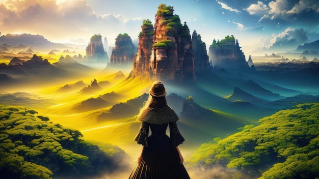 A woman stands in front of a mountain and looks at a cliff.