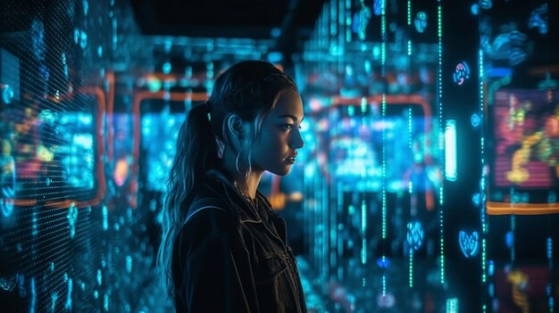 A woman stands in front of a neon display with the word cyber on it.